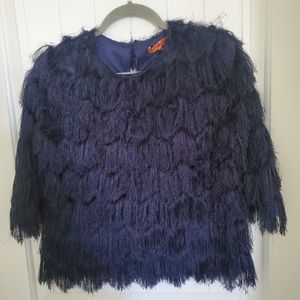 NWT MAPLE & CLIFF NAVY BLUE FRINGED 3/4" SLEEVE PULLOVER TOP - SIZE XL